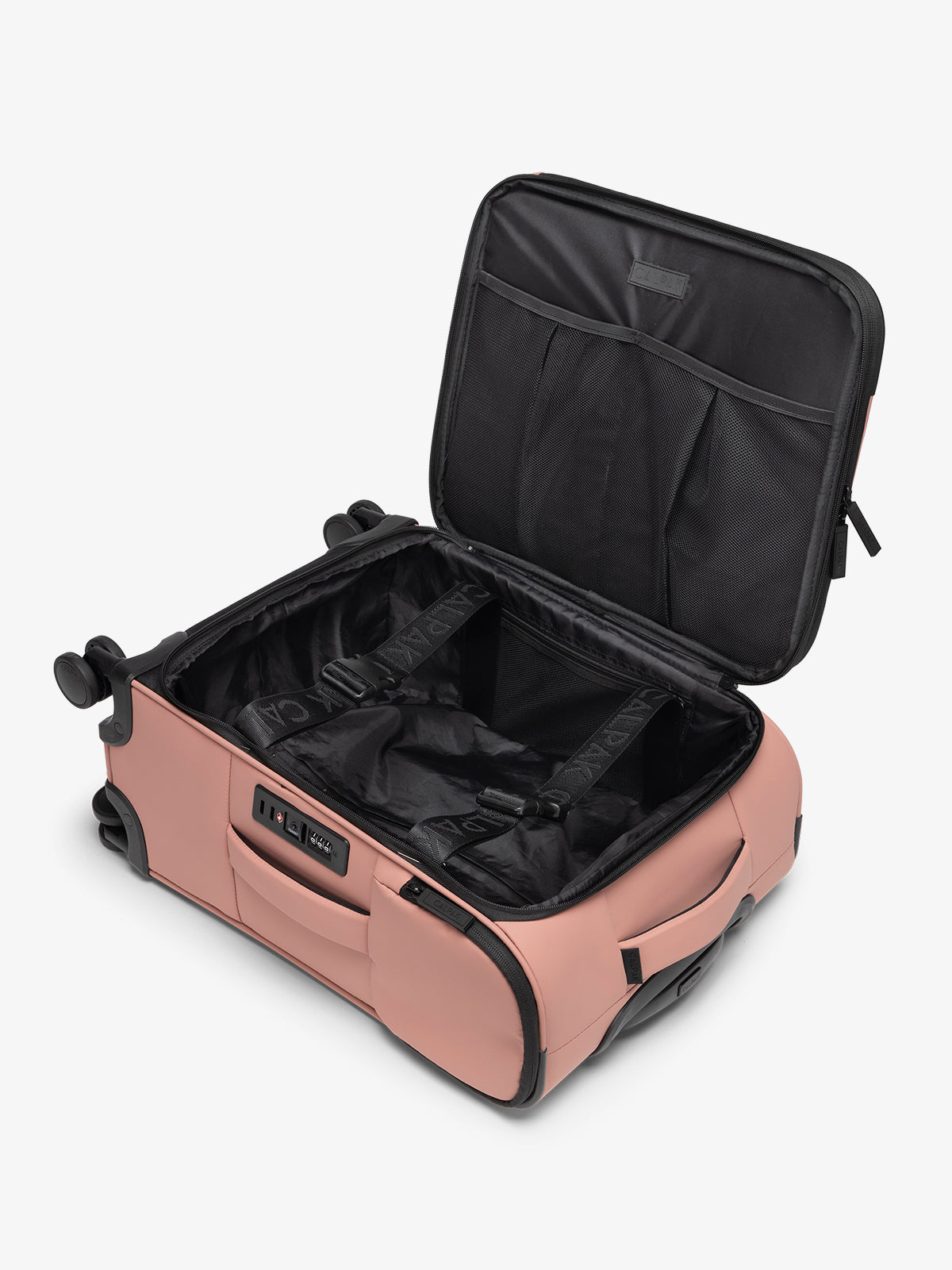 CALPAK Luka soft sided carry on luggage interior with multiple pockets and compression straps in peony pink; LSM1020-PEONY