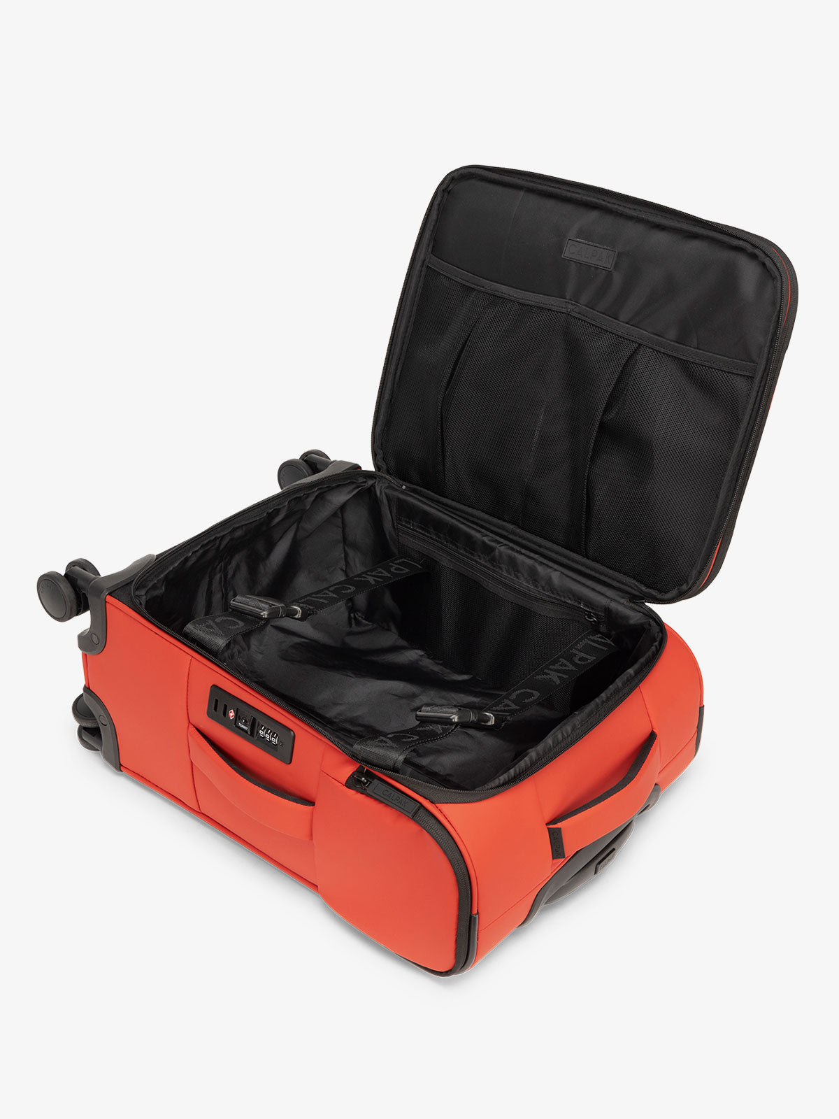 CALPAK Luka soft sided carry on luggage interior with multiple pockets and compression straps in red; LSM1020-ROUGE