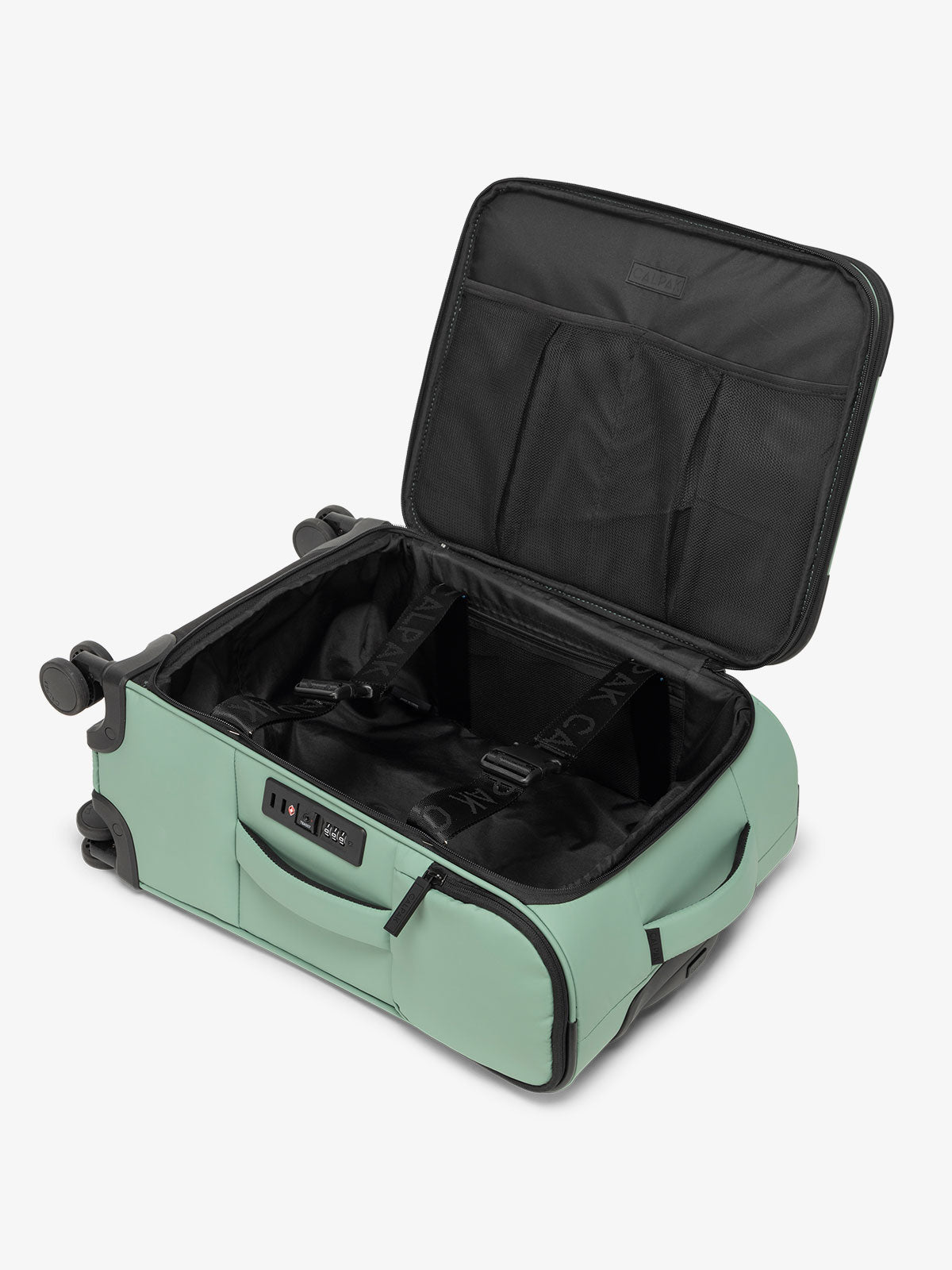 CALPAK Luka soft sided carry on luggage interior with multiple pockets and compression straps in green; LSM1020-SAGE