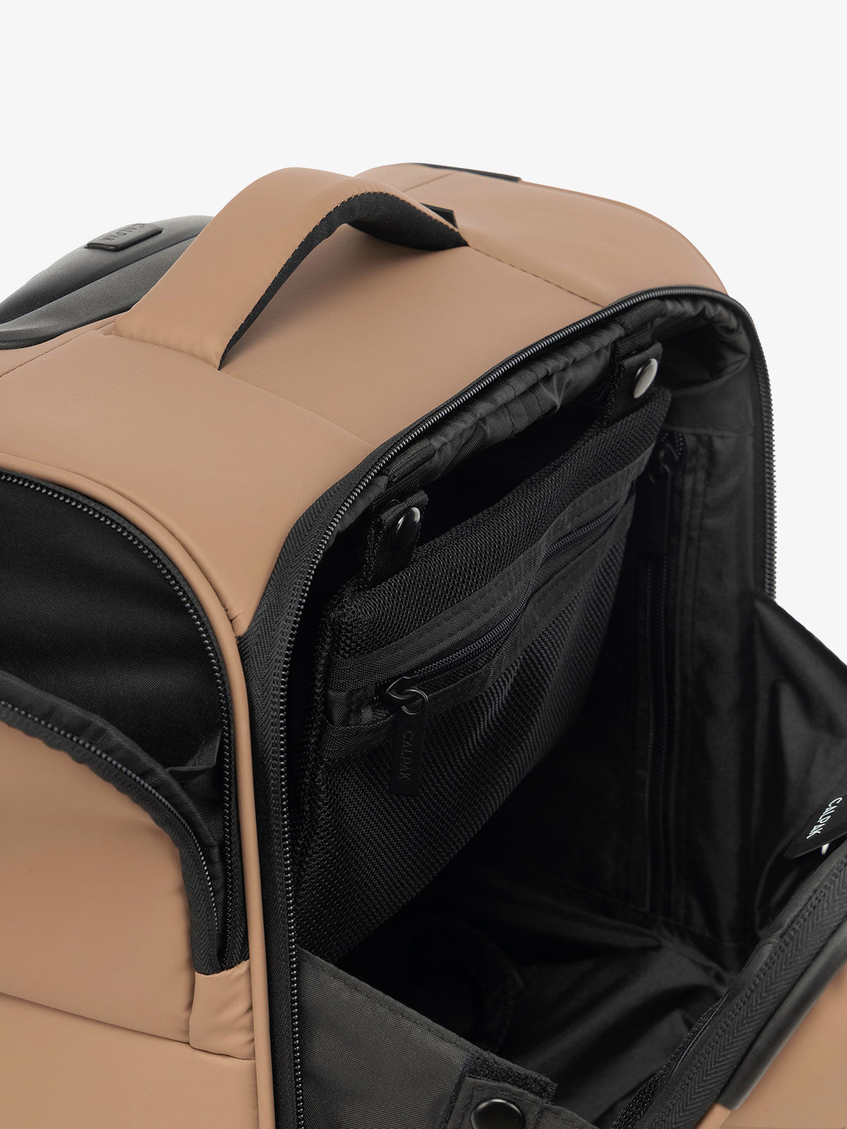 CALPAK Luka mini soft sided luggage interior pockets and top handle in brown; LSM1014-CHOCOLATE