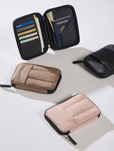 CALPAK Luka Zippered Passport Wallet with soft, puffy exterior in brown chocolate; PZW2301-CHOCOLATE view 2