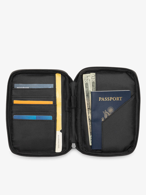 Interior close up of Luka Zippered Passport Wallet featuring card slots, passport slip pocket, and pen loops in black