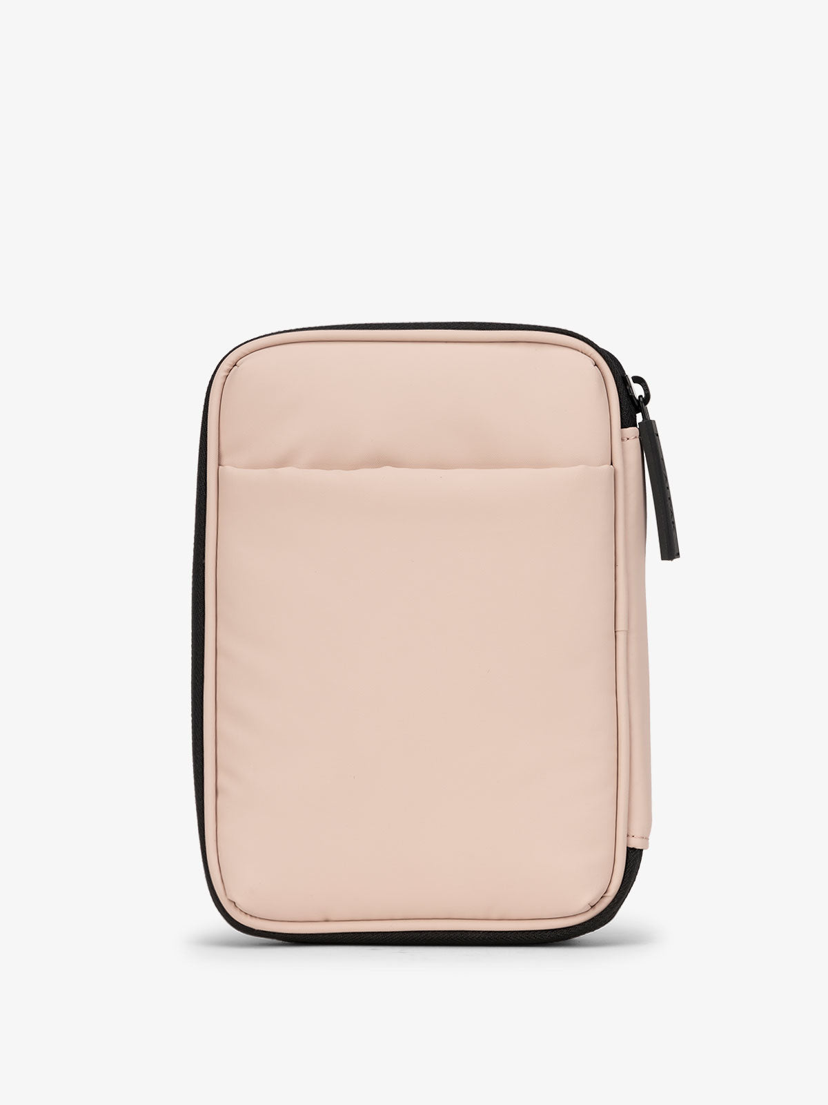 Pink rose quartz CALPAK Luka Zippered Passport Wallet with back slip pocket; PZW2301-ROSE-QUARTZ