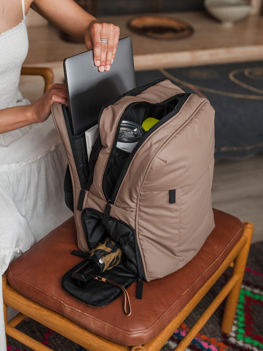 brown Luka travel backpack with luggage sleeve and laptop pocket; BPL2001-CHOCOLATE