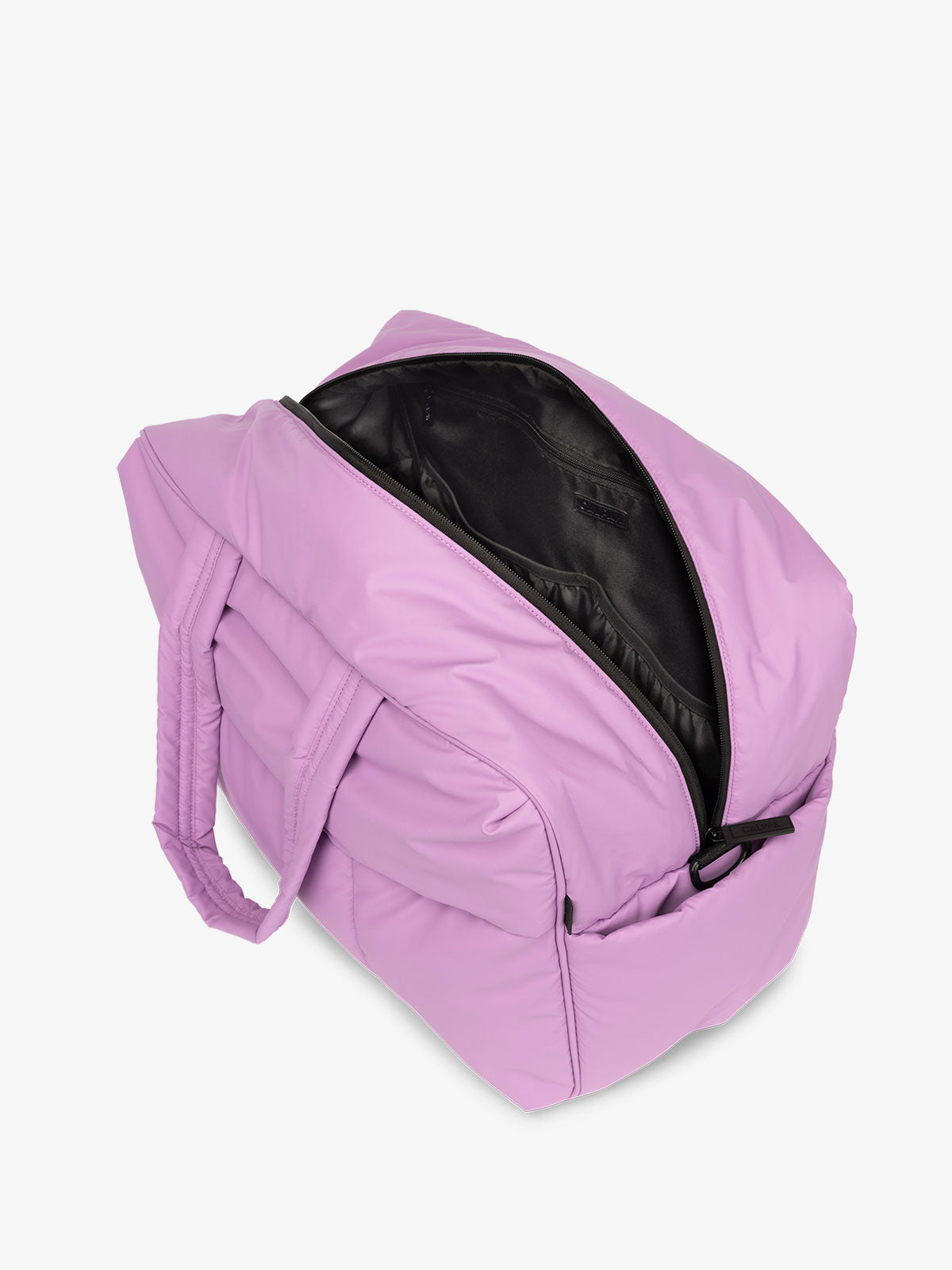 CALPAK water resistant Luka large duffel with multiple pockets and top handles in lilac purple; DLL2201-LILAC