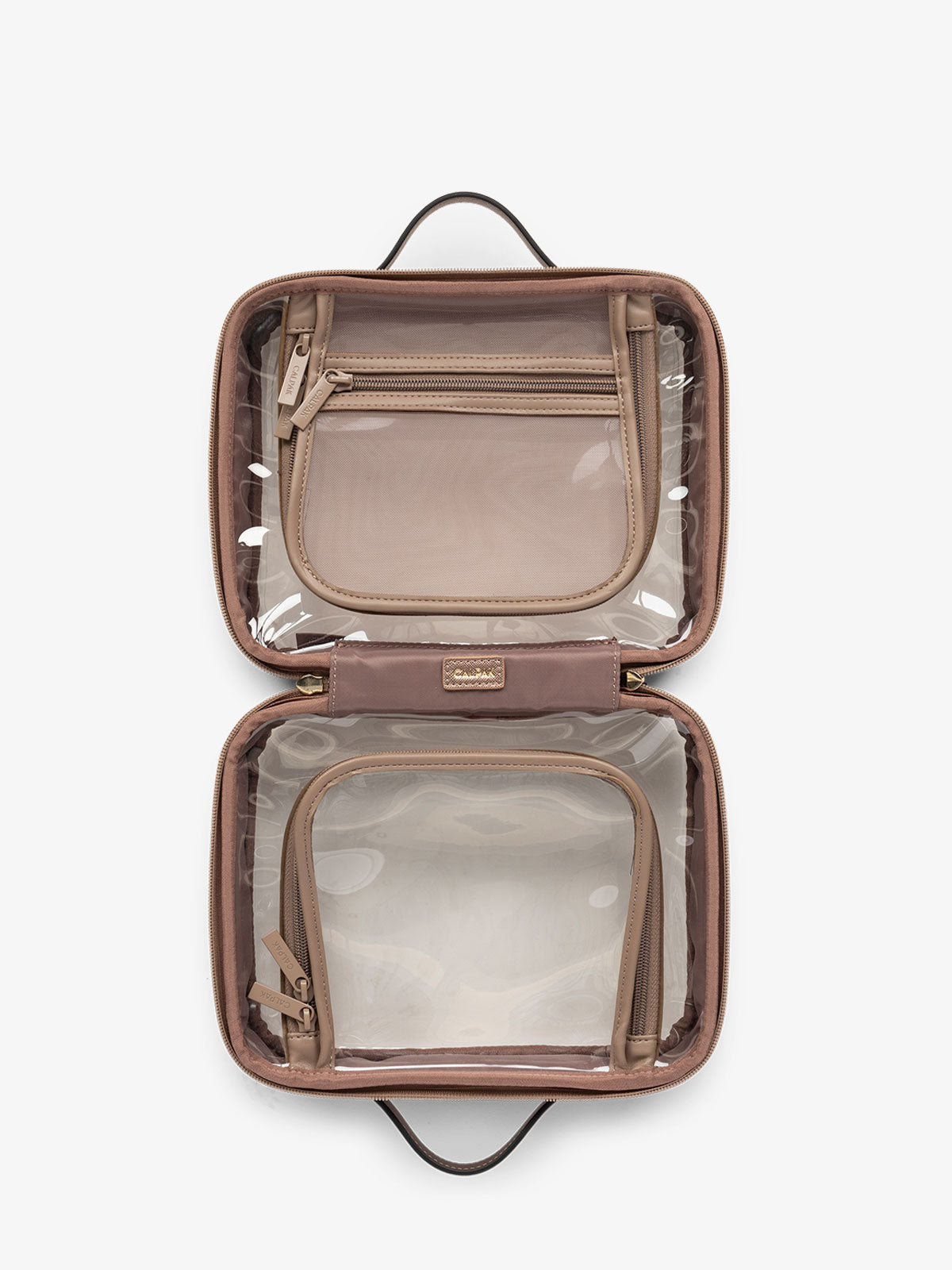 CALPAK clear travel makeup bag with zipper enclosed compartments in shiny bronze; CMM2201-BRONZE