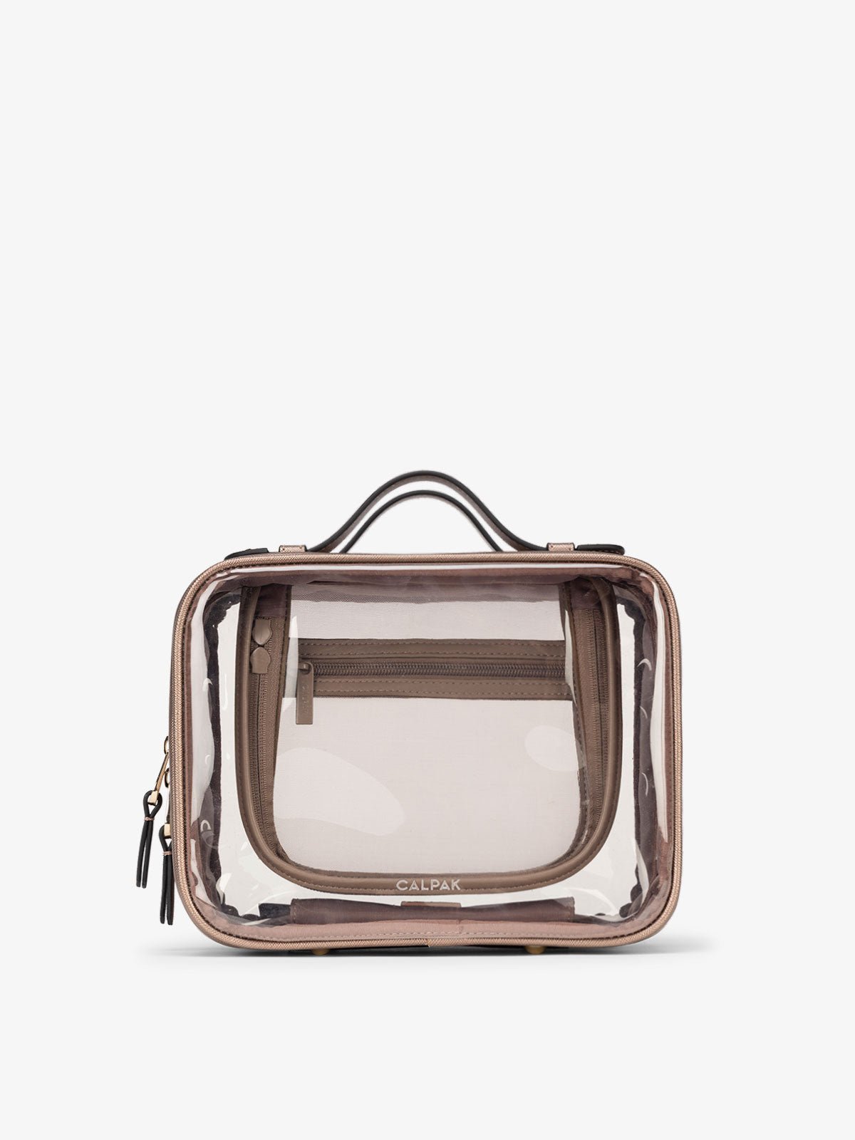 CALPAK Medium clear makeup bag with compartments in metallic bronze