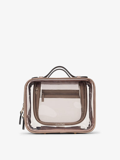 CALPAK Medium clear makeup bag with compartments in metallic bronze; CMM2201-BRONZE view 1