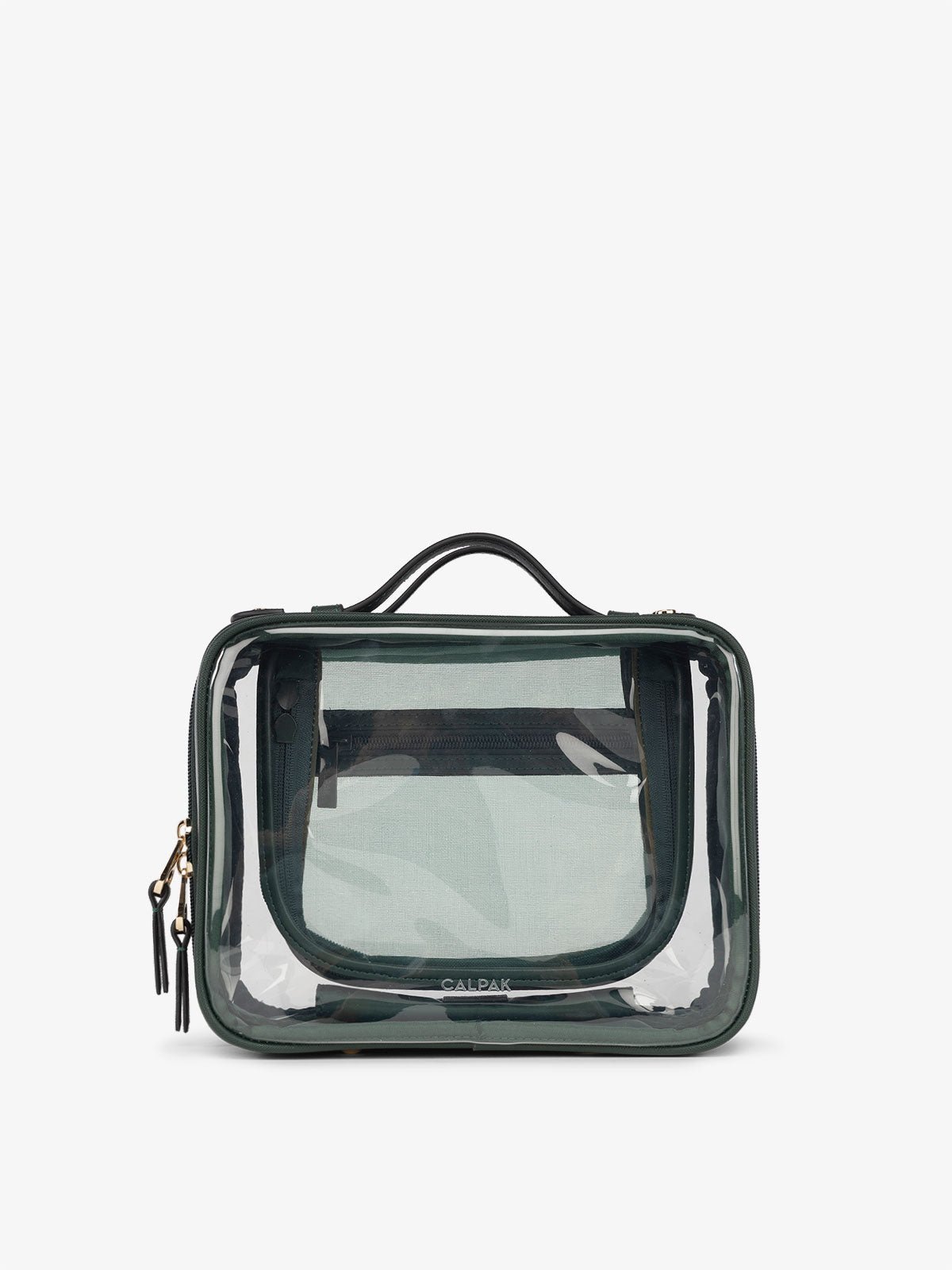 CALPAK Medium clear makeup bag with compartments in green