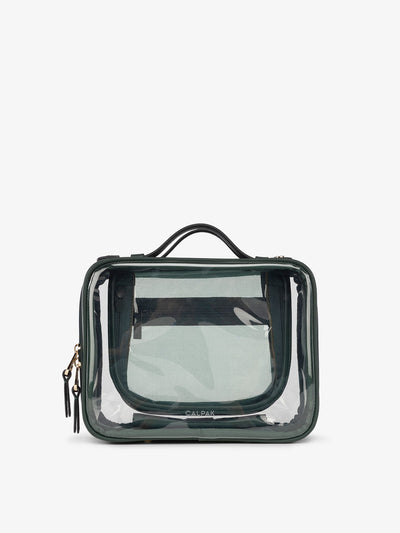 CALPAK Medium clear makeup bag with compartments in green; CMM2201-EMERALD view 1
