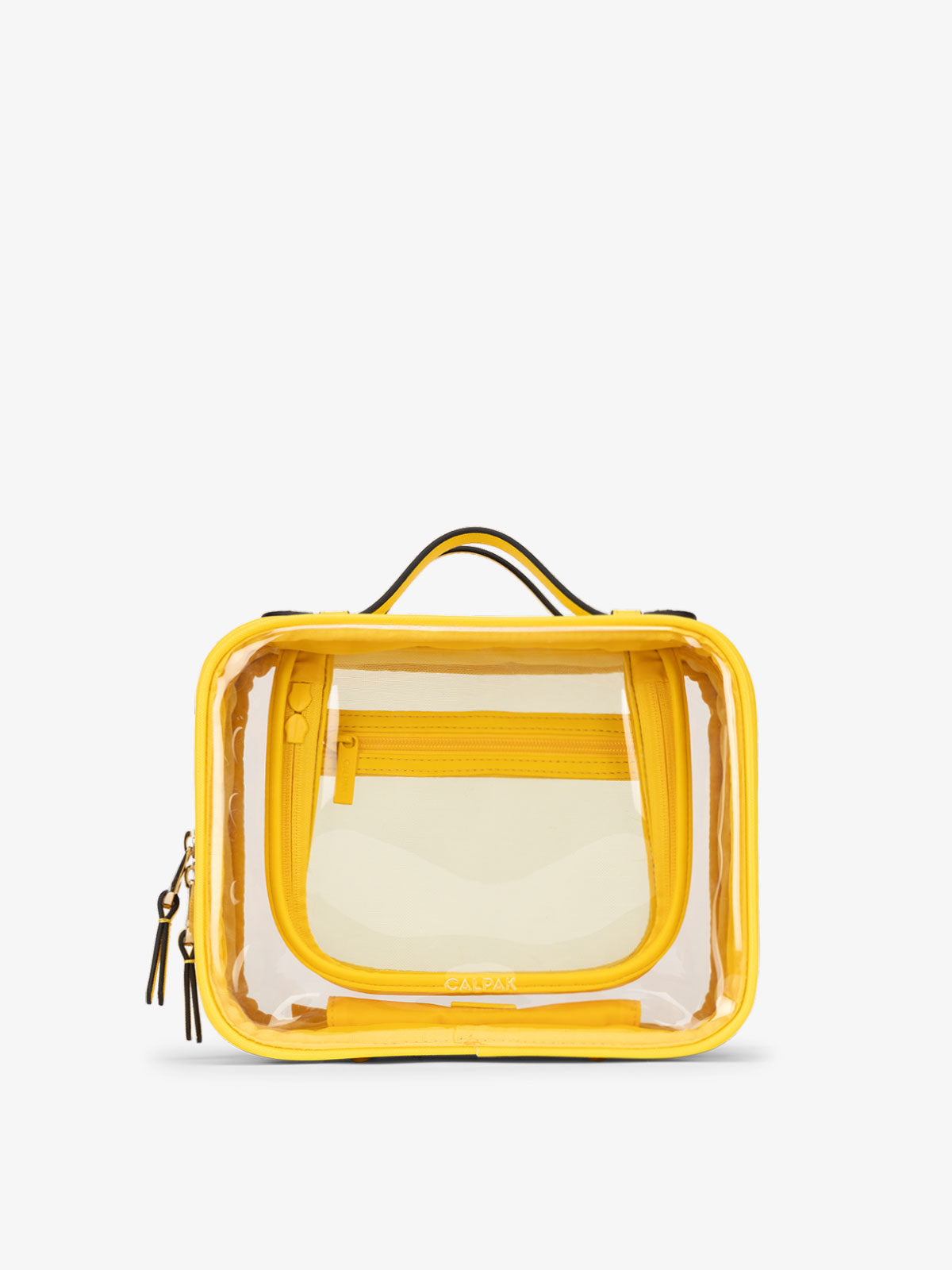 CALPAK Medium clear makeup bag with compartments in lemon yellow; CMM2201-LEMON