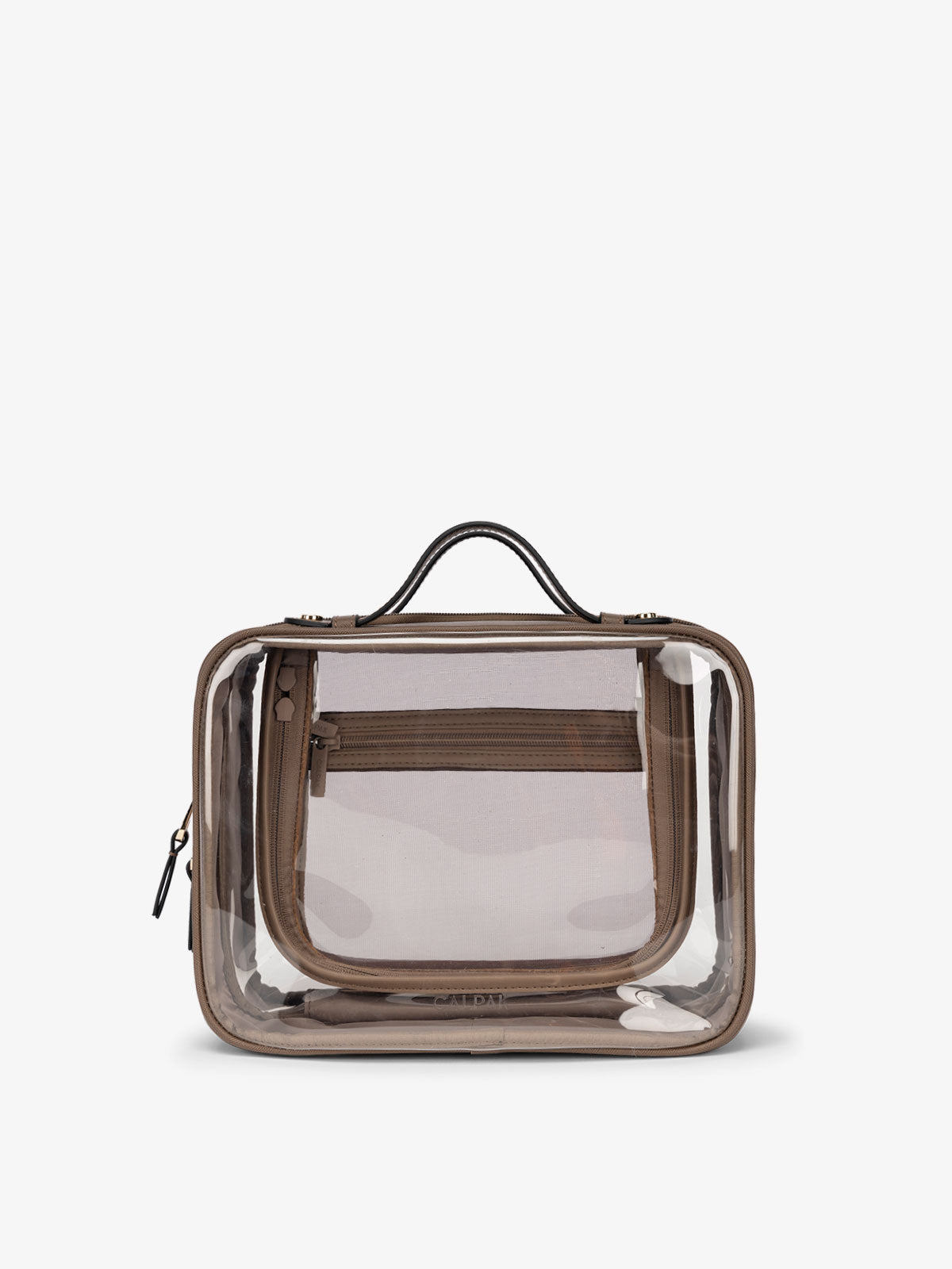 CALPAK Clear makeup bag with zippered compartments in mocha brown; CMM2201-MOCHA