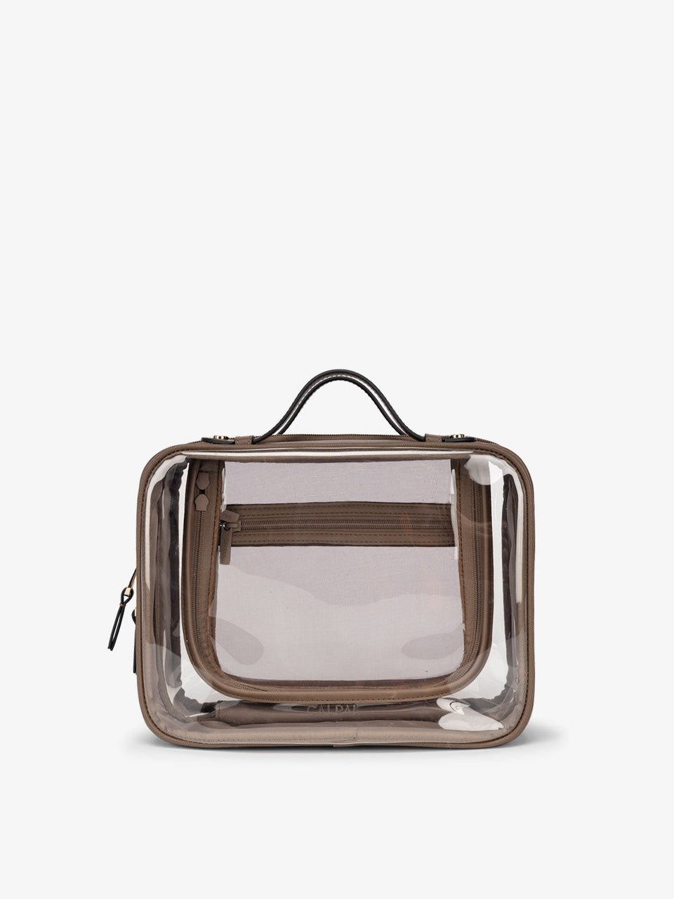 CALPAK Clear makeup bag with zippered compartments in mocha brown; CMM2201-MOCHA