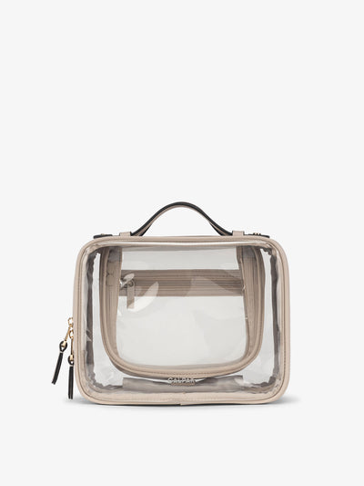 CALPAK Medium clear makeup bag with zippered compartments in stone