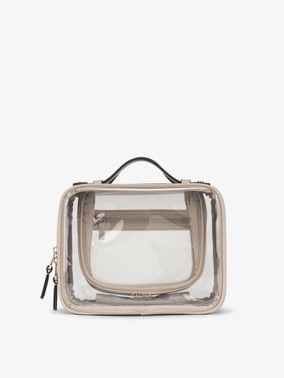 CALPAK Medium clear makeup bag with zippered compartments in stone; CMM2201-STONE