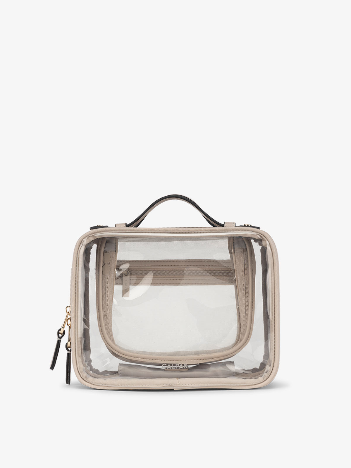 CALPAK Medium clear makeup bag with zippered compartments in stone; CMM2201-STONE