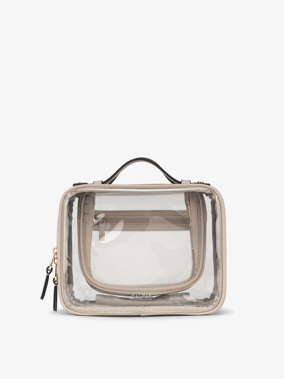 CALPAK Medium clear makeup bag with zippered compartments in stone; CMM2201-STONE