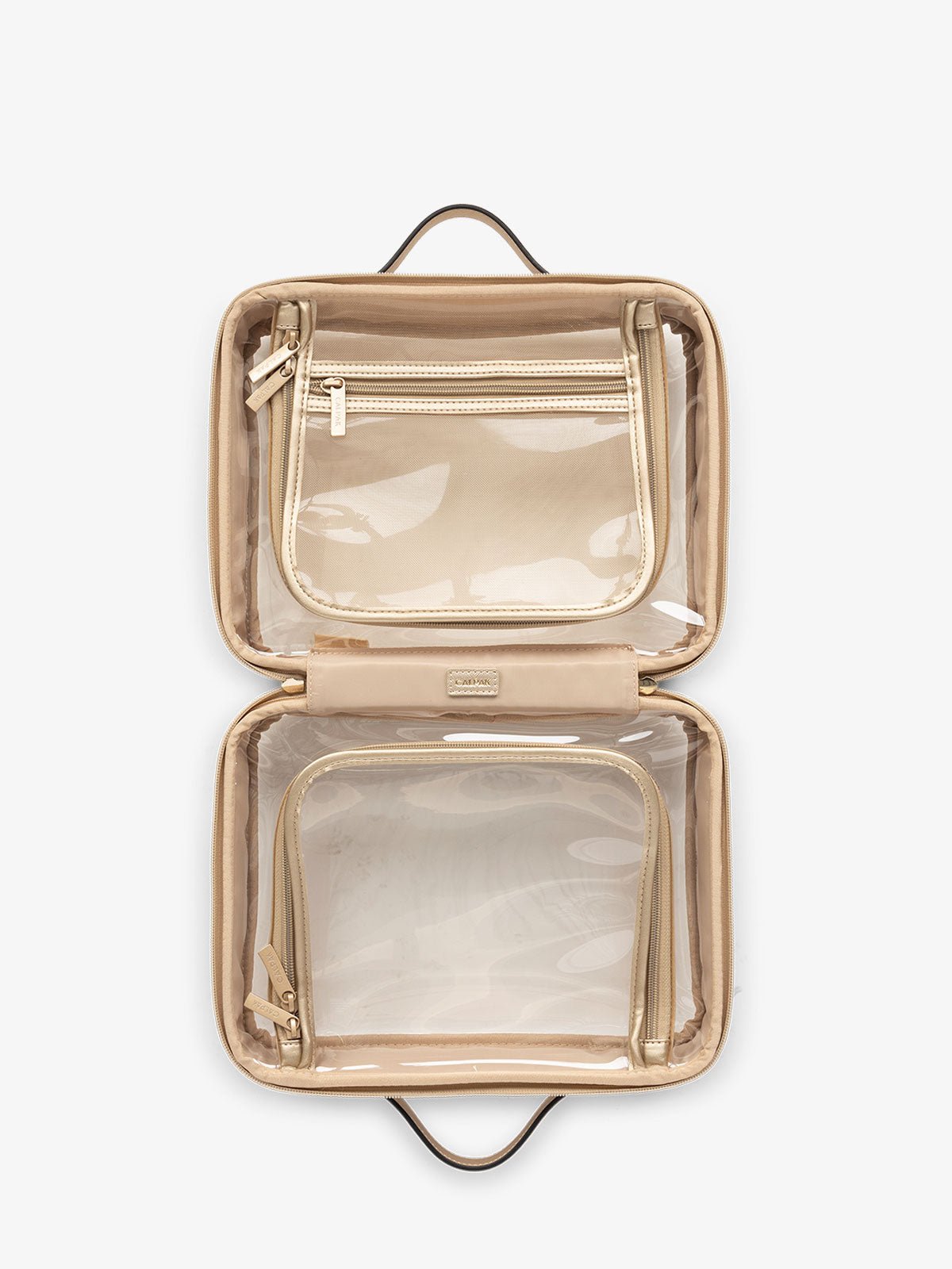 CALPAK clear travel makeup bag with zipper enclosed compartments in shiny gold