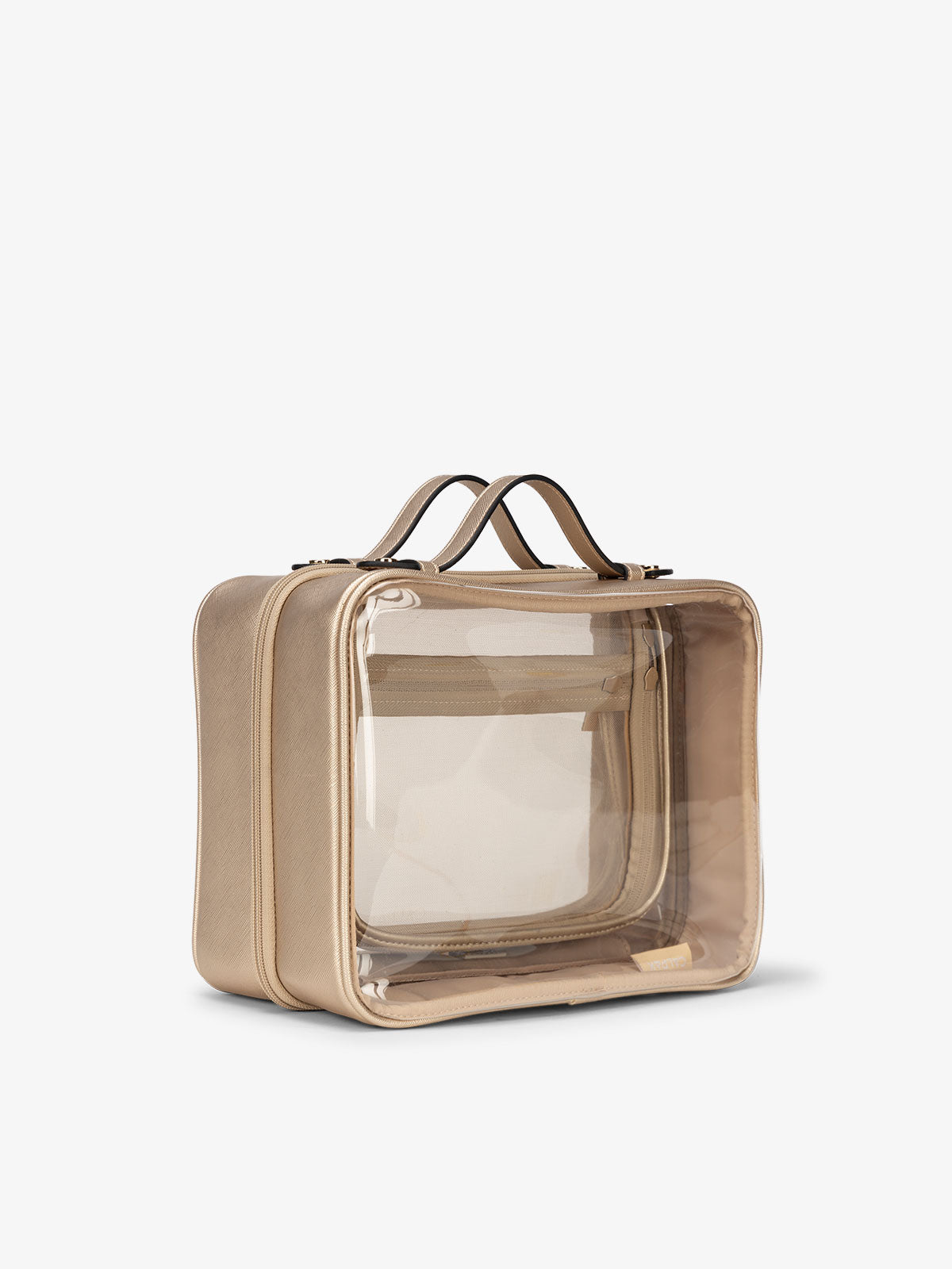 CALPAK clear makeup bag with top handles in gold; CMM2201-GOLD