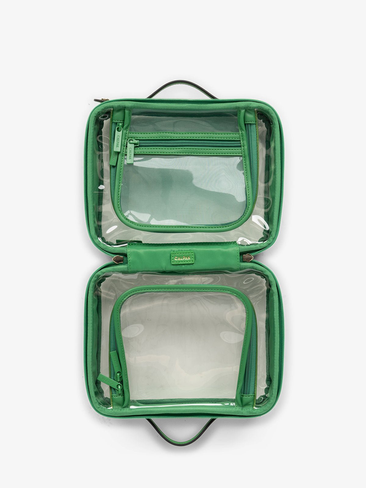 CALPAK clear travel makeup bag with zipper enclosed compartments in green