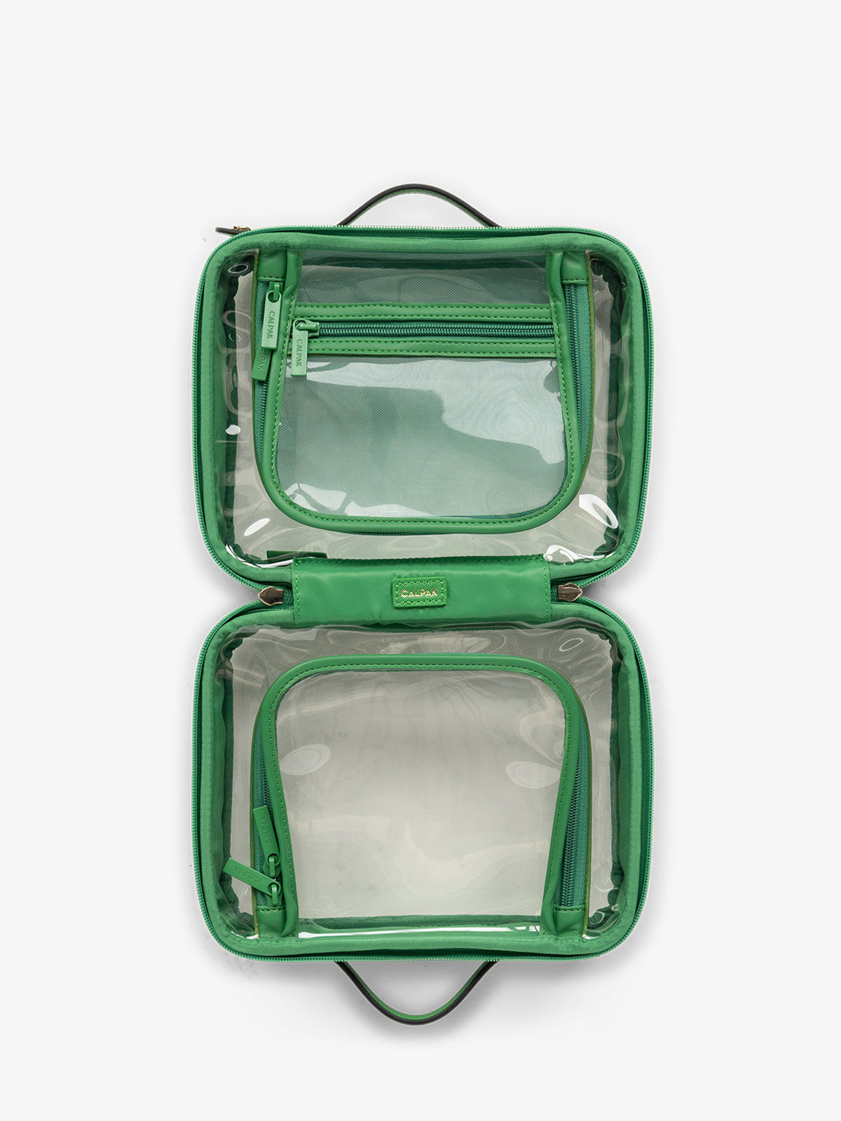 CALPAK clear travel makeup bag with zipper enclosed compartments in green; CMM2201-GREEN-APPLE