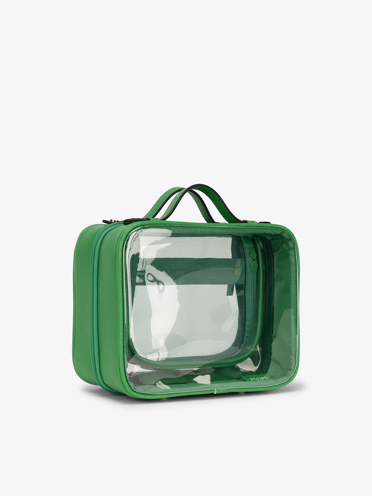 CALPAK clear makeup bag with top handles in green; CMM2201-GREEN-APPLE