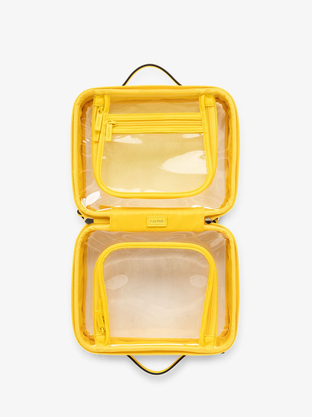 CALPAK clear travel makeup bag with zipper enclosed compartments in bright yellow