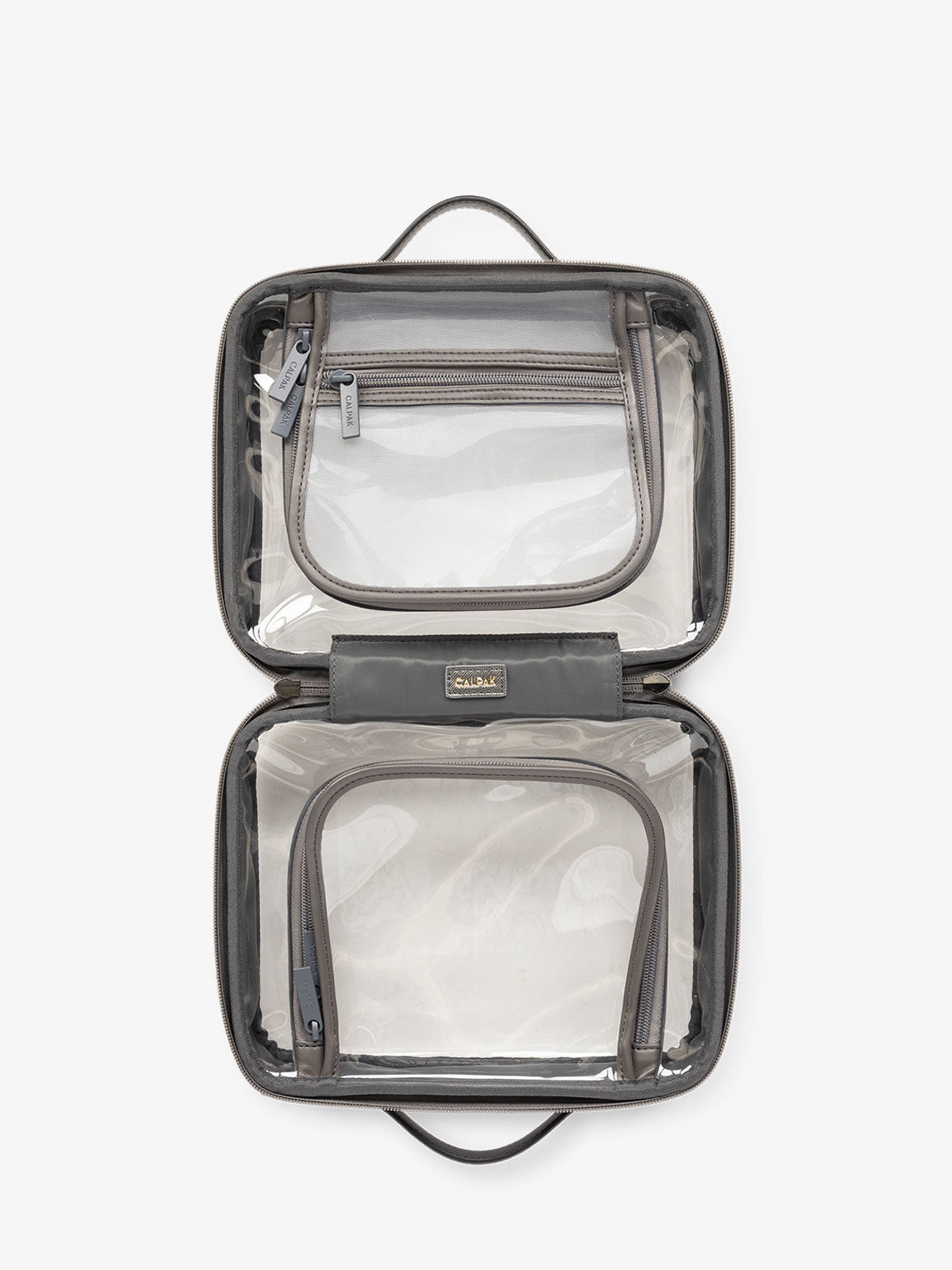 CALPAK clear travel makeup bag with zipper enclosed compartments in metallic steel; CMM2201-STEEL