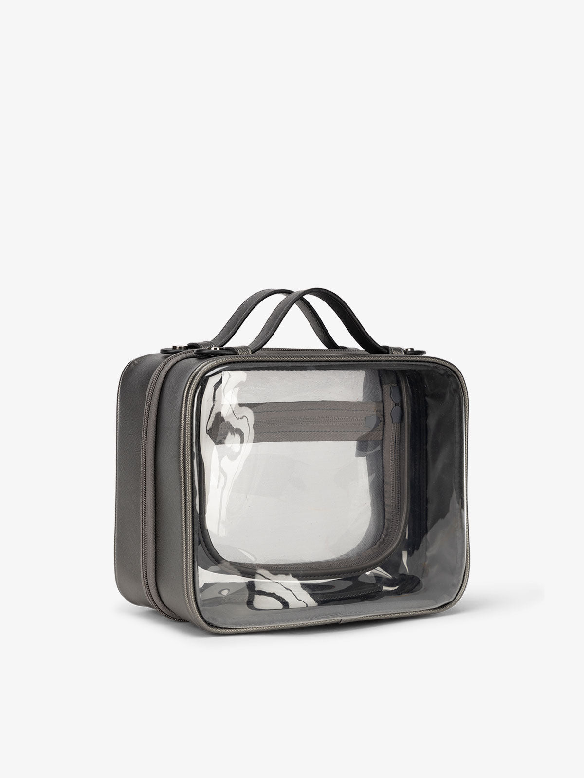 CALPAK clear makeup bag with top handles in steel; CMM2201-STEEL