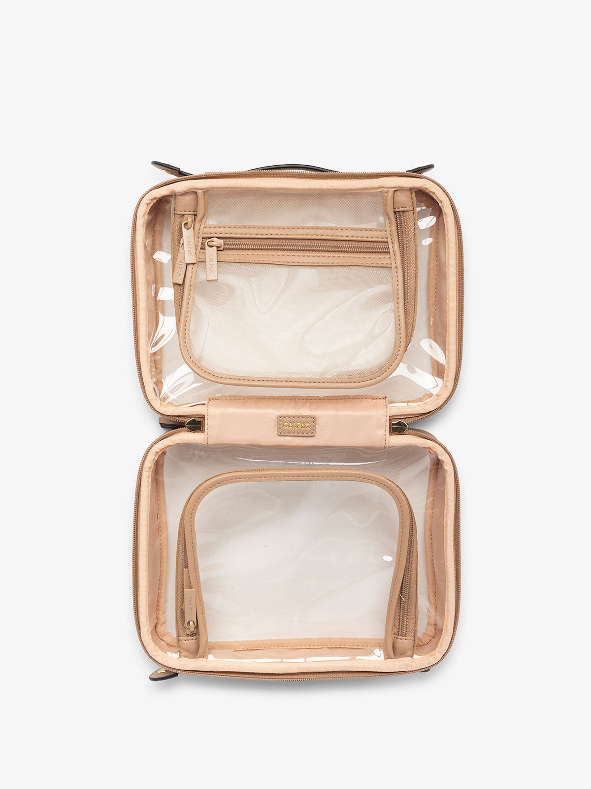 CALPAK medium clear skincare bag with multiple zippered compartments in beige; CMM2201-CARAMEL