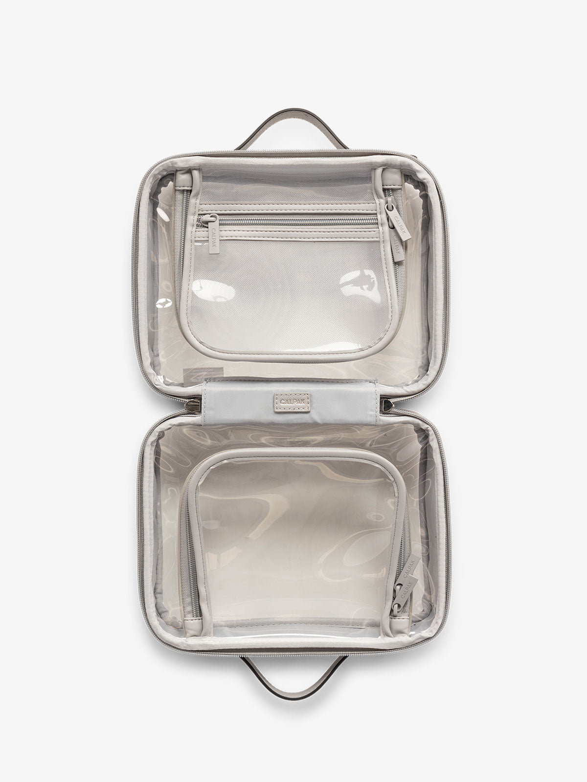 CALPAK clear travel makeup bag with zipper enclosed compartments in grey; CMM2201-COOL-GREY