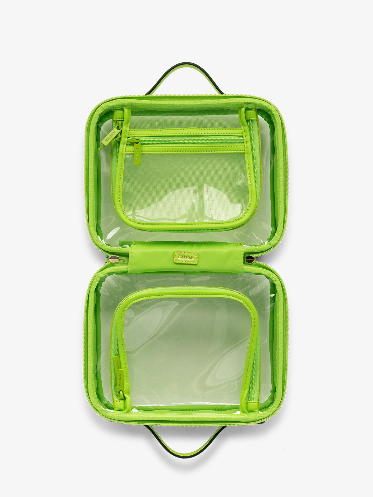 CALPAK clear travel makeup bag with zipper enclosed compartments in lime green; CMM2201-ELECTRIC-LIME