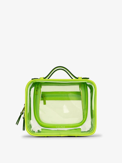 CALPAK Medium clear makeup bag with compartments in electric lime; CMM2201-ELECTRIC-LIME view 1