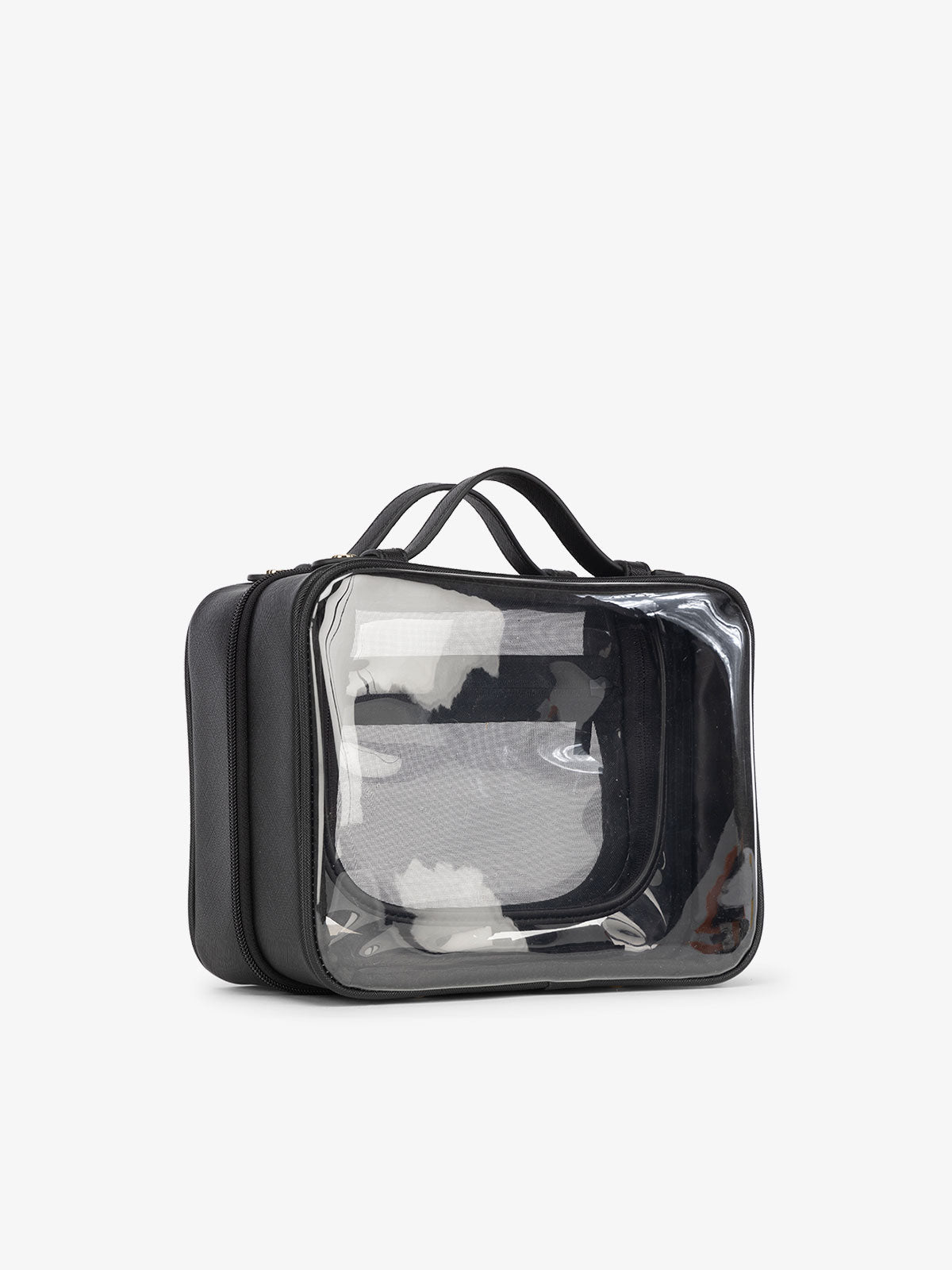 CALPAK medium clear cosmetics case with sturdy handles for travel in black; CMM2201-BLACK