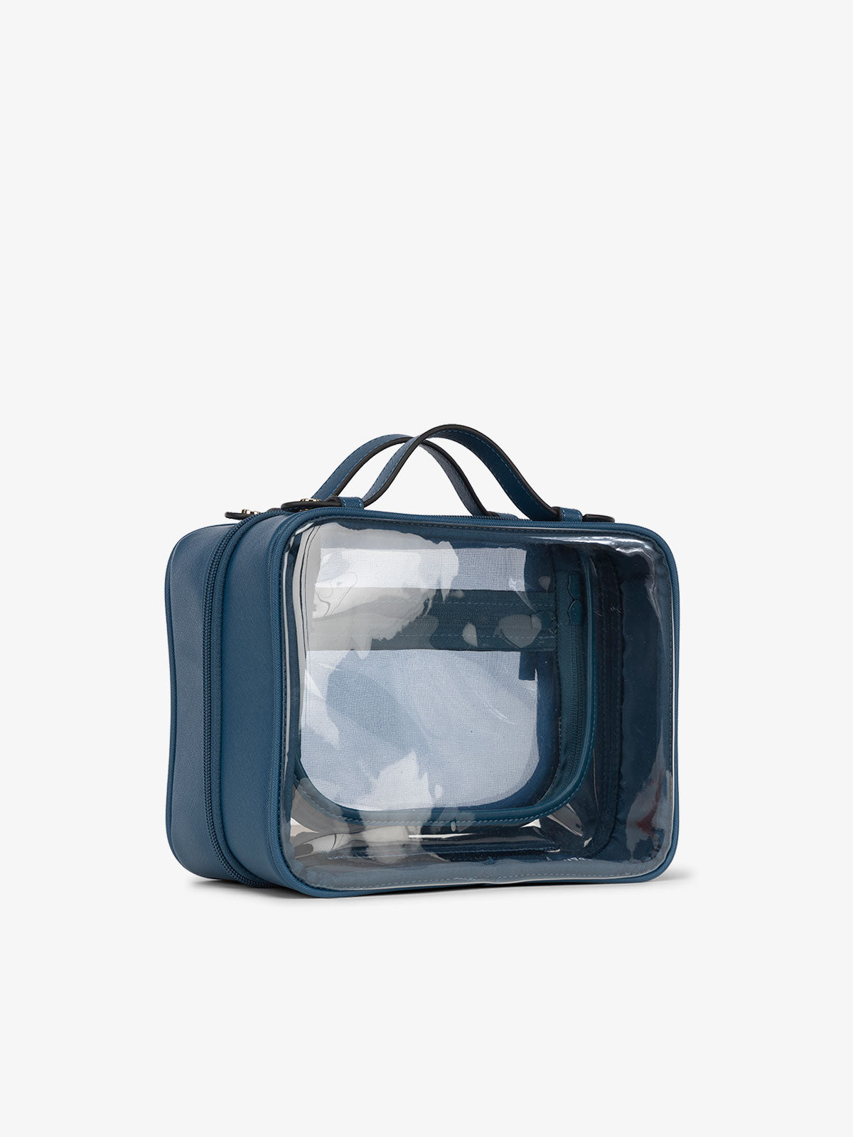 CALPAK medium clear cosmetics case with sturdy handles in deep sea blue; CMM2201-DEEP-SEA