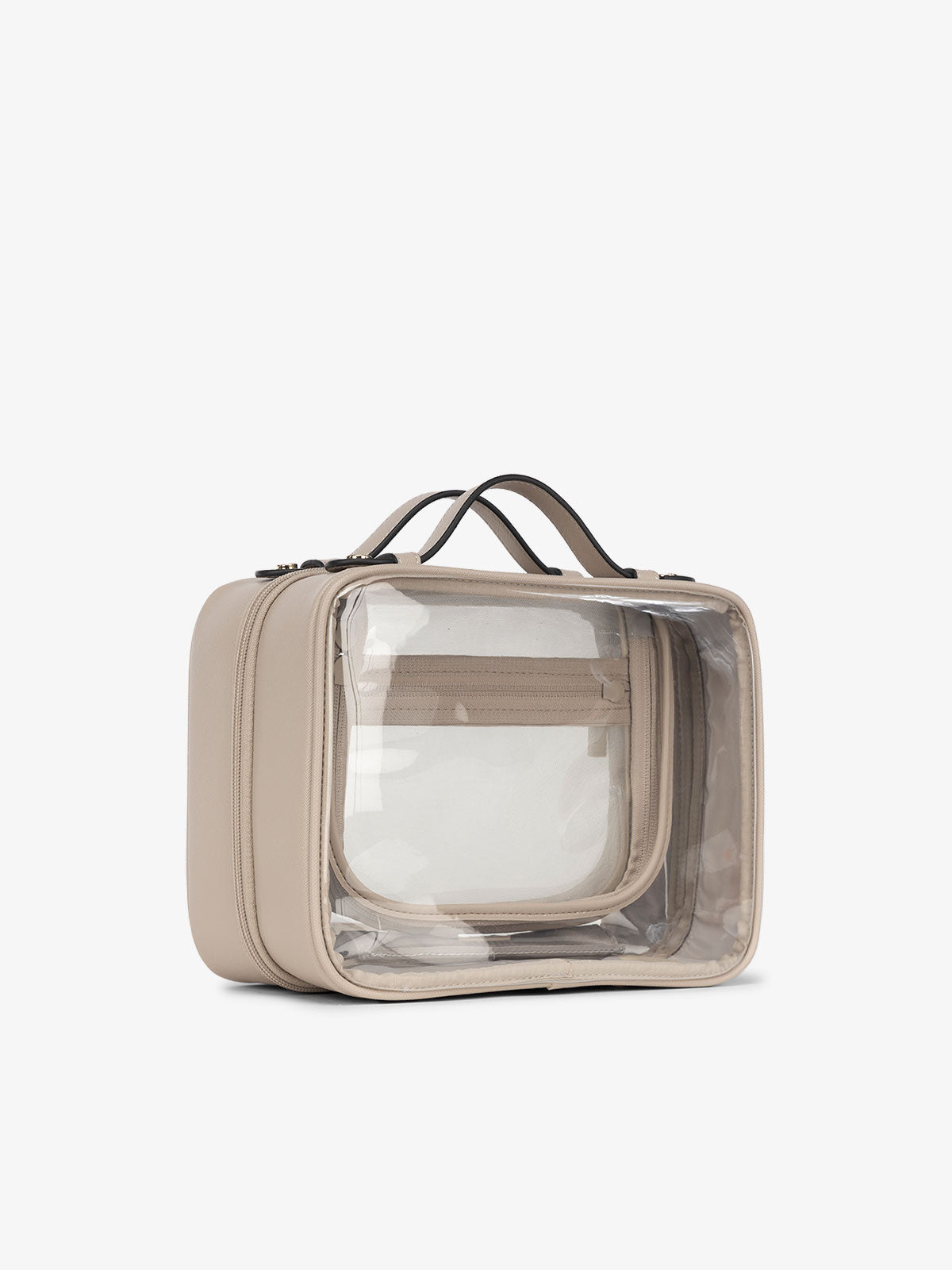 CALPAK medium clear cosmetics case for women with sturdy handles in stone; CMM2201-STONE