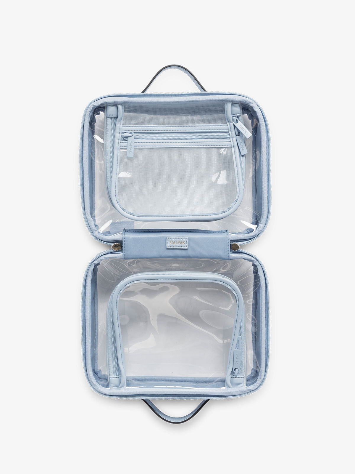 CALPAK clear travel makeup bag with zipper enclosed compartments in blue; CMM2201-SKY
