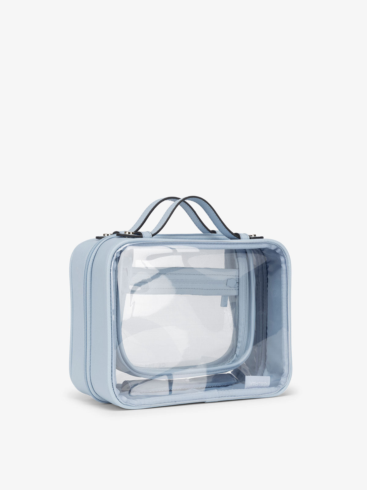 CALPAK clear makeup bag with top handles in sky blue; CMM2201-SKY