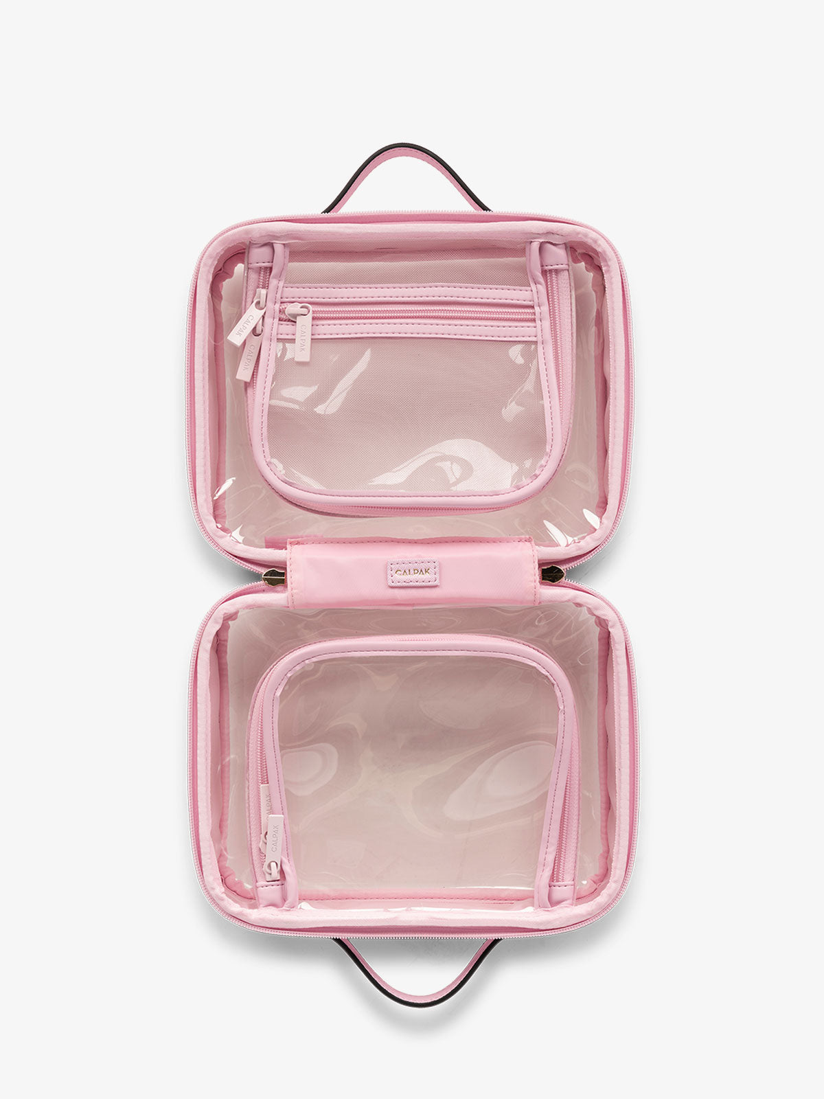 CALPAK clear travel makeup bag with zipper enclosed compartments in pink; CMM2201-STRAWBERRY