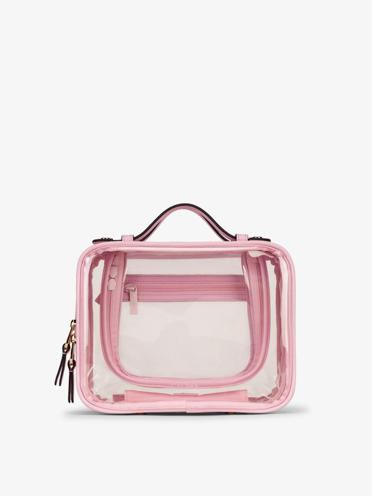 CALPAK Medium clear makeup bag with compartments in strawberry pink
