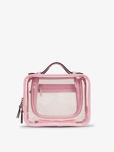 CALPAK Medium clear makeup bag with compartments in strawberry pink; CMM2201-STRAWBERRY