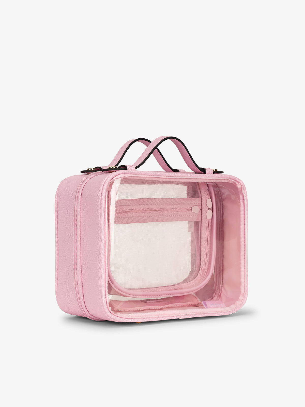 CALPAK clear makeup bag with top handles in strawberry; CMM2201-STRAWBERRY