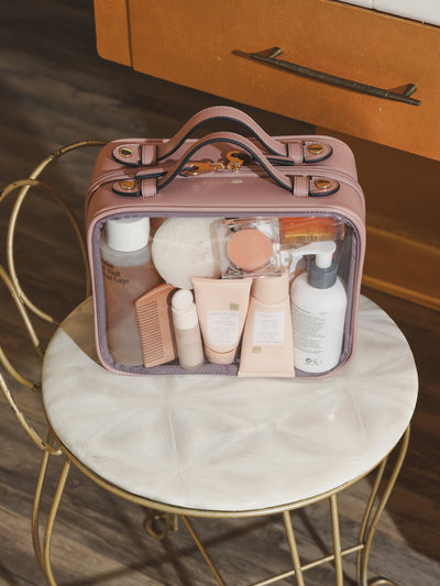 CALPAK Medium clear makeup bag with compartments in mauve; CMM2201-MAUVE