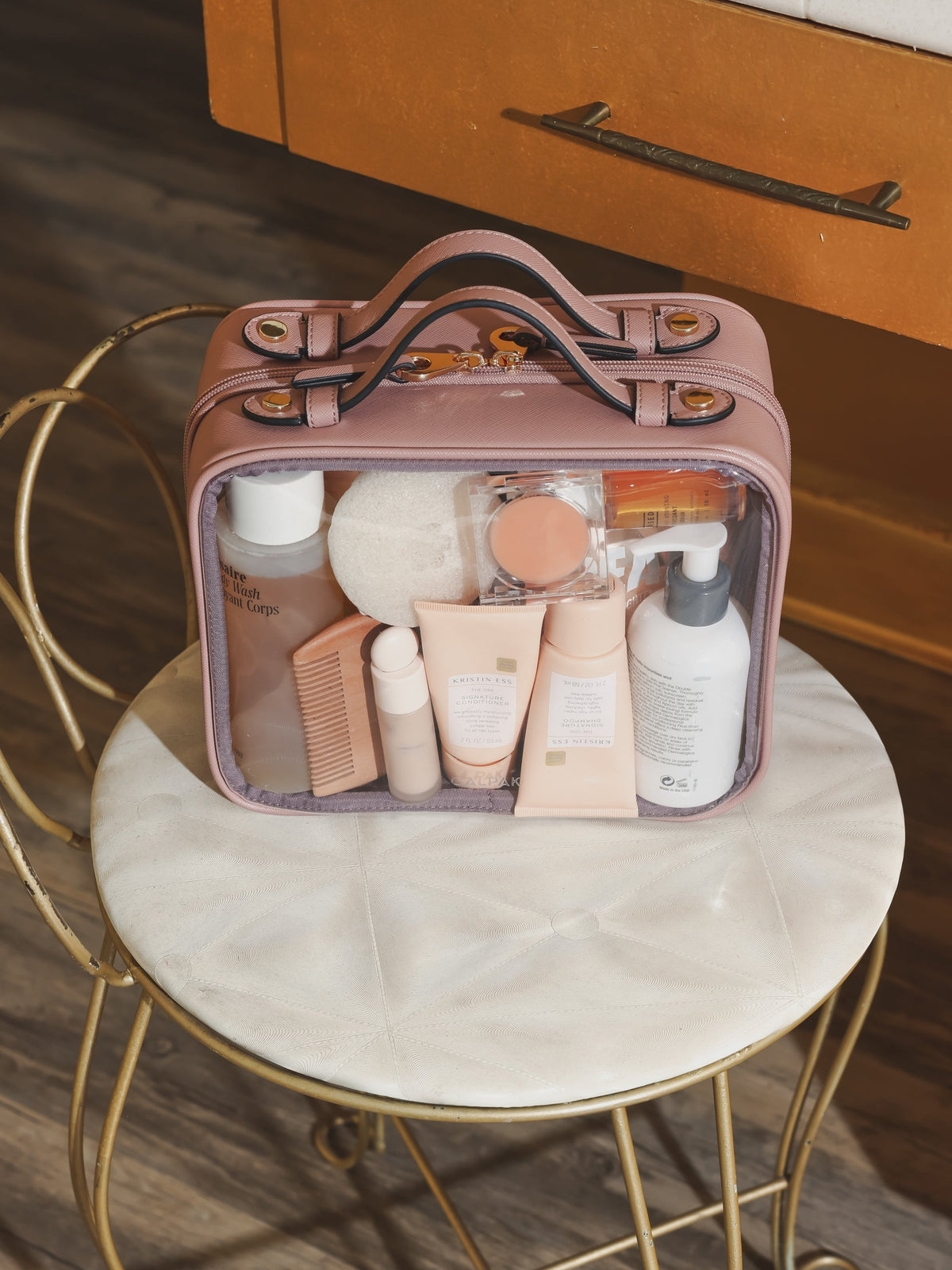CALPAK medium transparent makeup case with top handles in pink; CMM2201-MAUVE