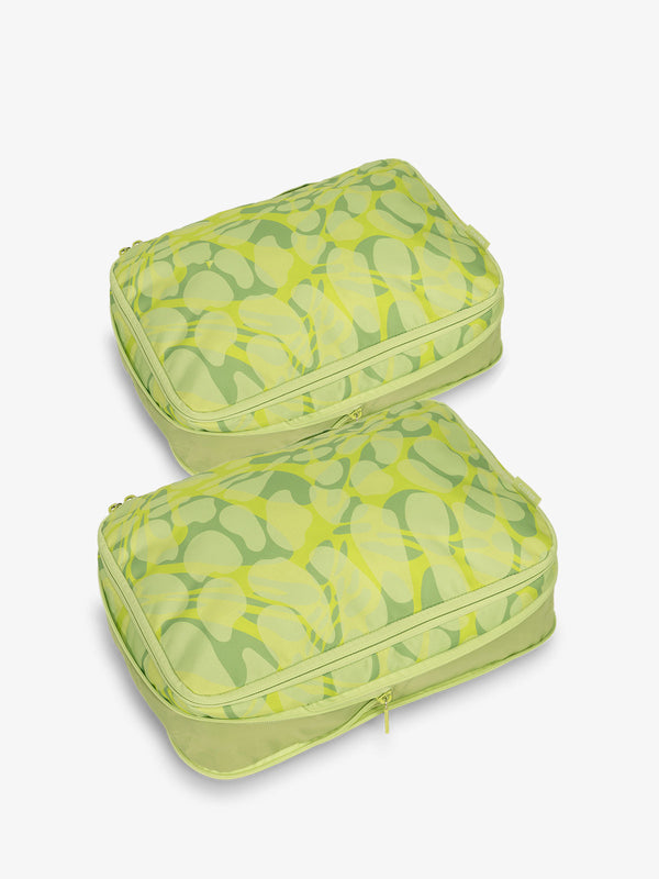 CALPAK compression packing cubes with top handles in green viper print