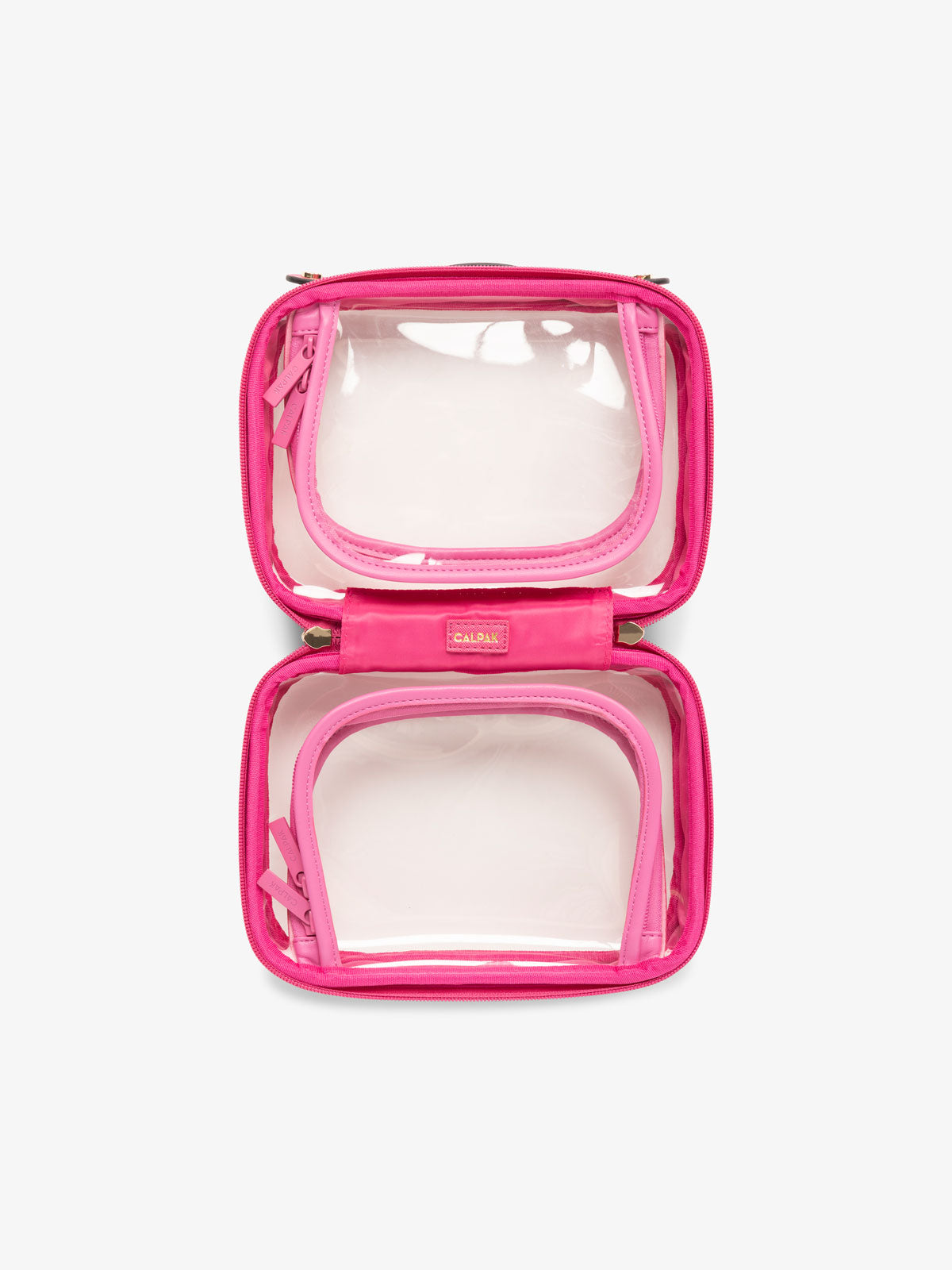 small transparent travel cosmetics bag with black handles and zippered compartments in pink dragonfruit; CCM2001-DRAGONFRUIT