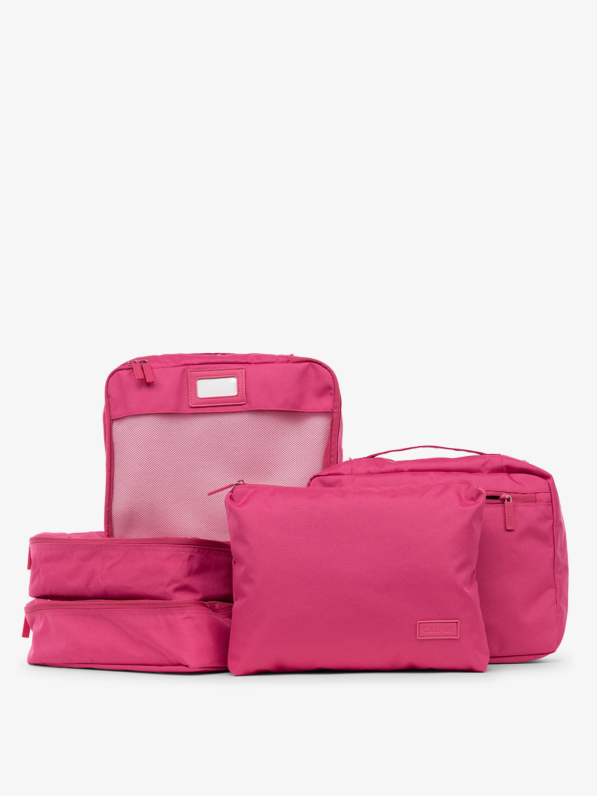 CALPAK 5 piece set packing cubes for travel with labels and top handles in dragonfruit
