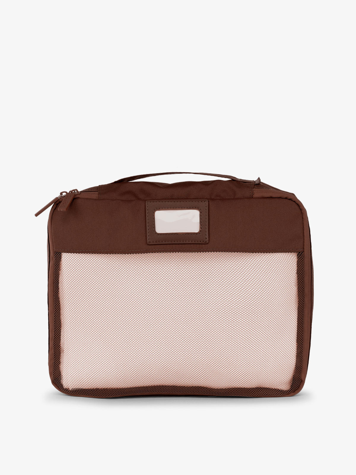 CALPAK luggage packing cubes for clothes with mesh front and label in walnut brown; PC1601-WALNUT