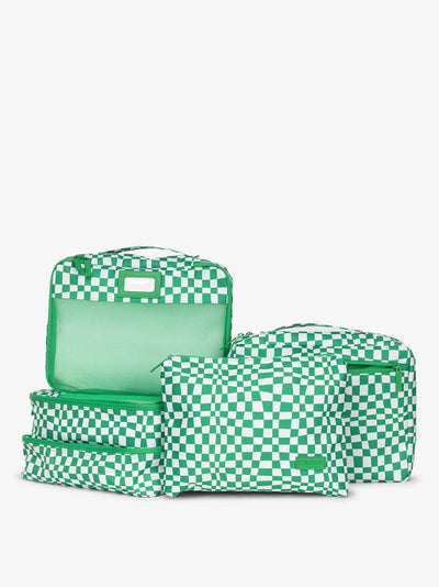 CALPAK 5 piece set packing cubes for travel with labels and top handles in green checkerboard; PC1601-GREEN-CHECKERBOARD view 1