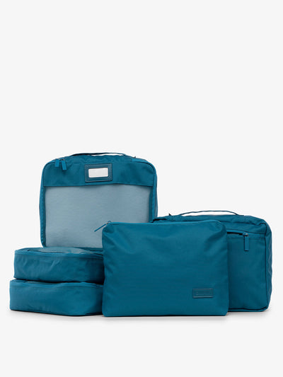 CALPAK 5 piece set packing cubes for travel with labels and top handles in lagoon; PC1601-LAGOON view 1